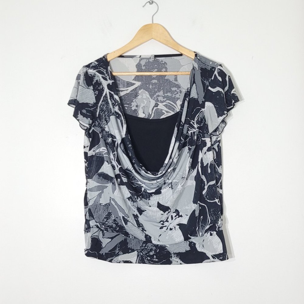 OKI Scoop Neck Blouse Floral Drape Front Womens Short Sleeve Shirt Casual XL